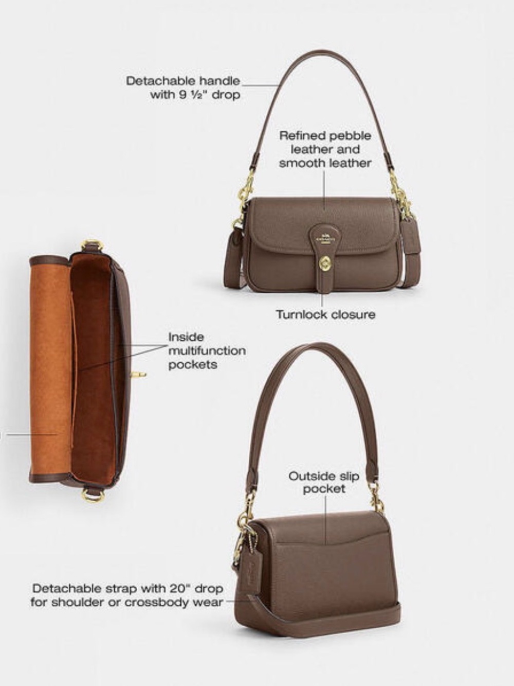 NWT Coach Hadley Pebble Leather Shoulder Bag in Dark Stone with Gold Hardware. - Picture 5 of 11